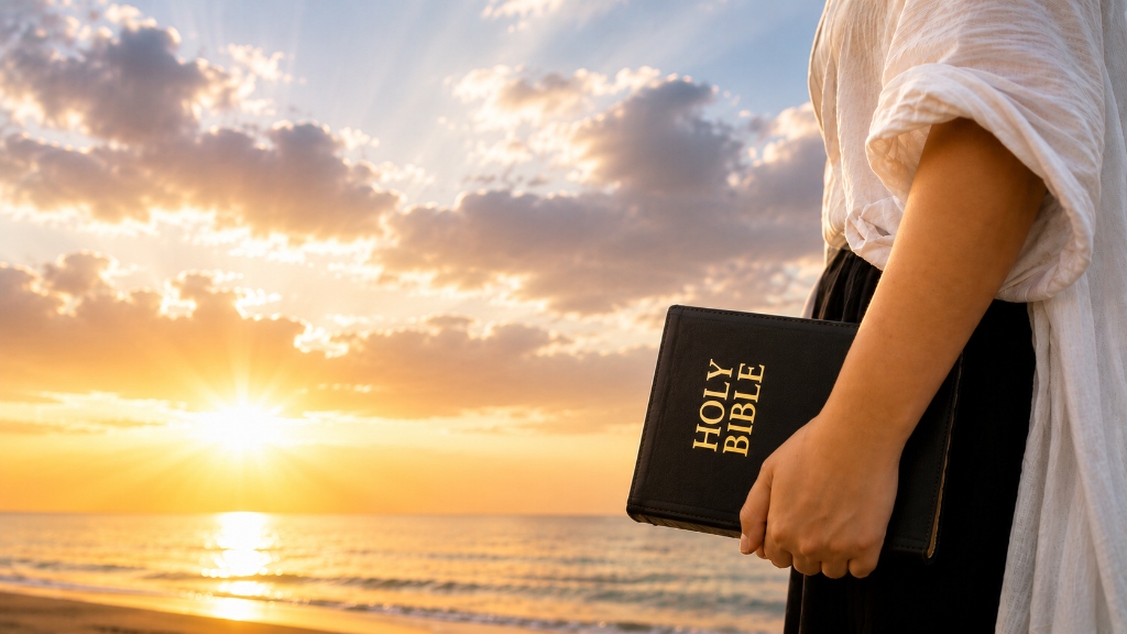 Person holding a Bible at sunset