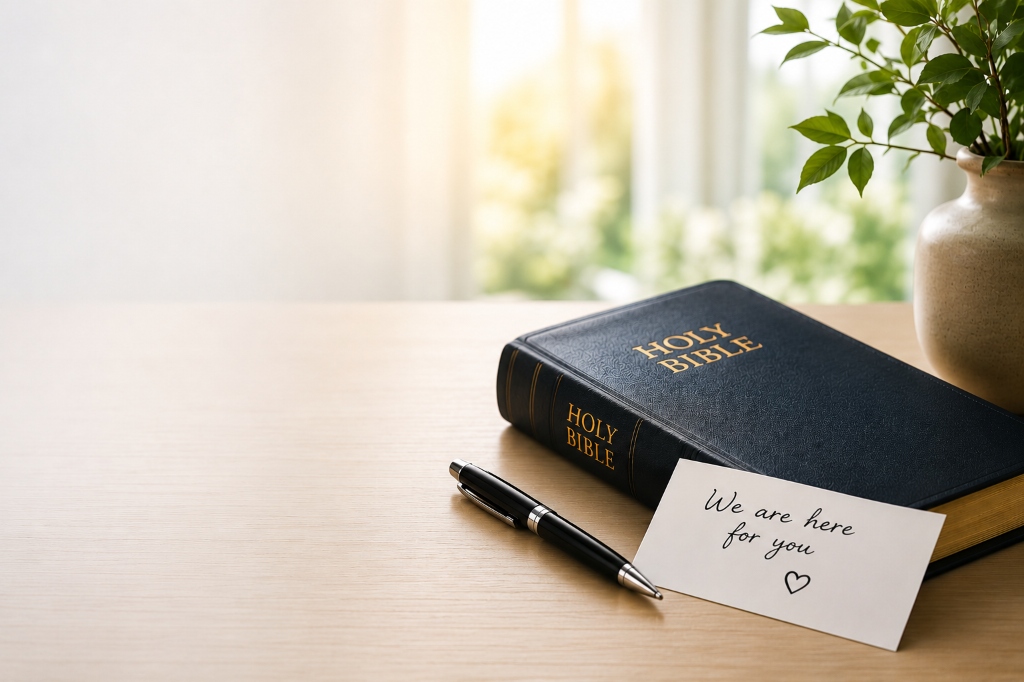 Bible and a note saying We are here for you